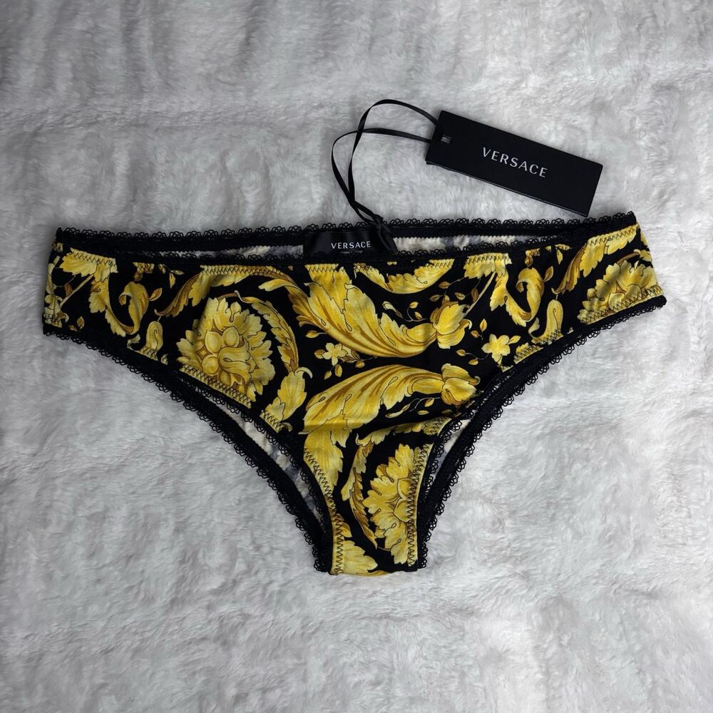 VERSACE Women's Barocco Cotton Panties Lace Trim Black Gold Sz 1 XS